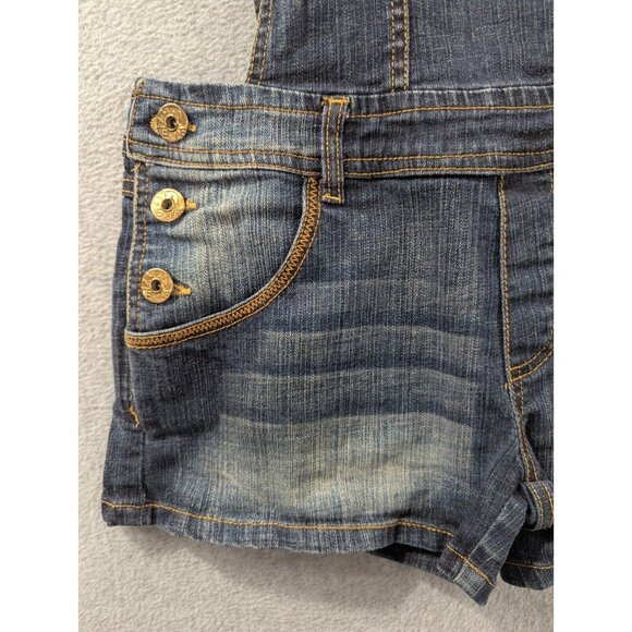 Southpole Bib Overall Shorts Womens Size 9 Denim Embroidered Faded Whiskers - Picture 3 of 12